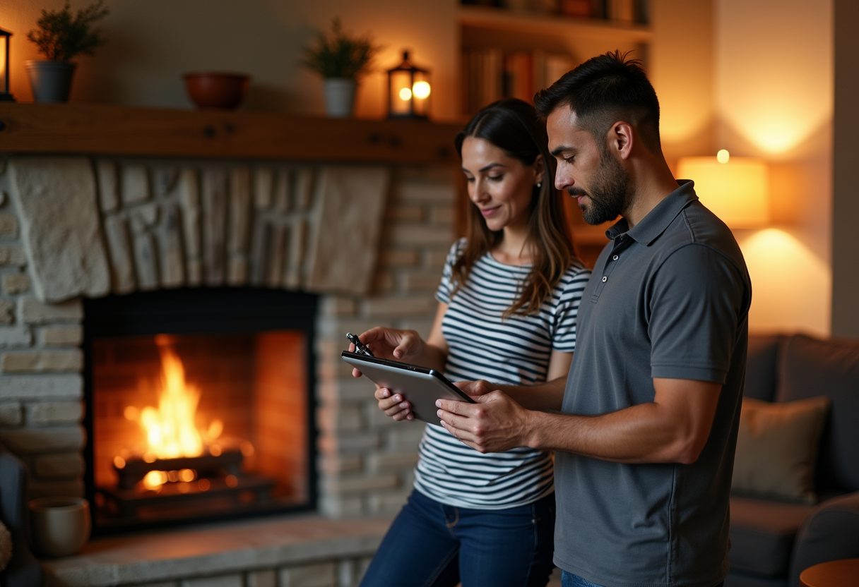 Technician showing a camera inspection beside a stone fireplace — Ashburn